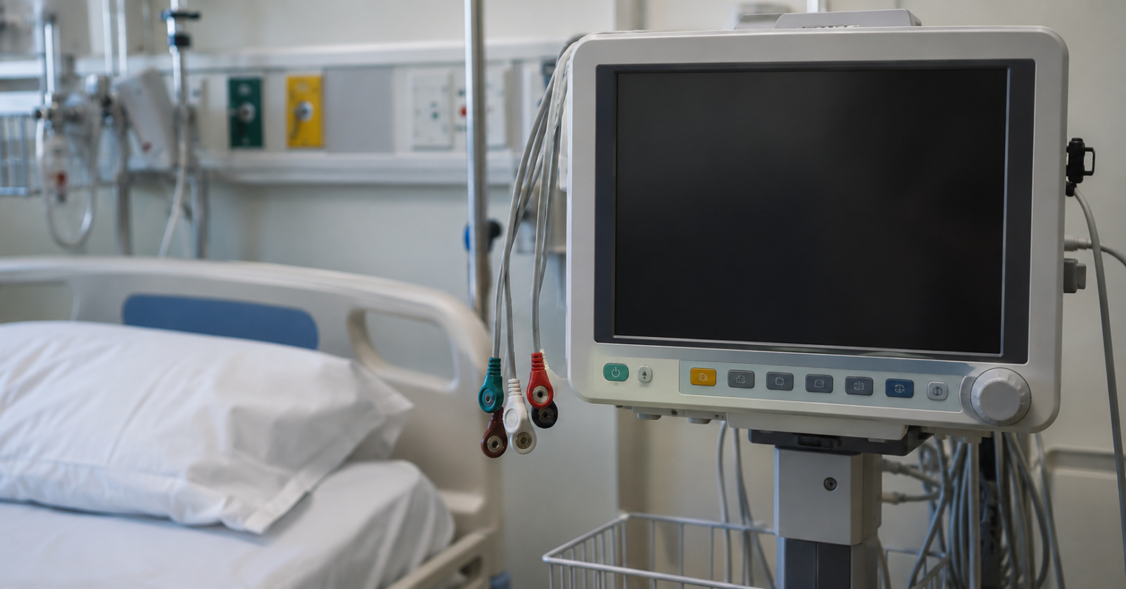 A bedside cardiac monitor in an emergency department observation room, with the lead wires unplugged."